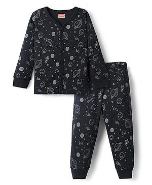 Babyhug Knit  Full Sleeves Front Open Thermal Vest And Pant Set  With Space  Print - Navy Blue