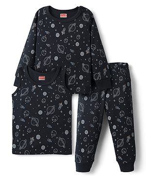 Babyhug  Knit Full Sleeves Thermal Vests & Pant Set with Space Print - Navy Blue