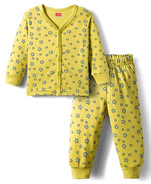 Babyhug Knit Full Sleeves Front Open Thermal Co-Ord Set With Star Print - Lime Green