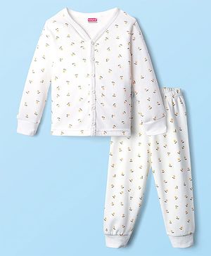 Babyhug Cotton Knit Full Sleeves Front Open Thermal Inner Wear Set with Floral Print - Offwhite