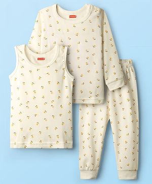 Babyhug Cotton Knit Full Sleeves Thermal Inner Wear Set with Sando Vest & Floral Print - Offwhite