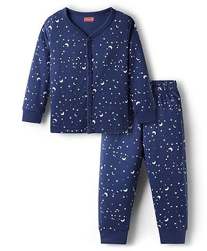 Babyhug Cotton Knit Full Sleeves Front Open Star Printed Thermal Wear Jhabla & Pant Set - Navy Blue
