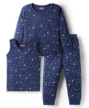 Babyhug Cotton Knit Full Sleeves Star Printed Thermal Wear Set With Vest - Navy Blue