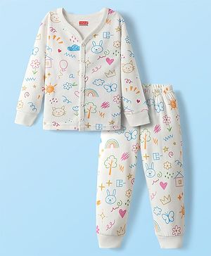 Babyhug Knit  Full Sleeves Front Open Thermal Vest And Pant Set With Animal Print - Off-White