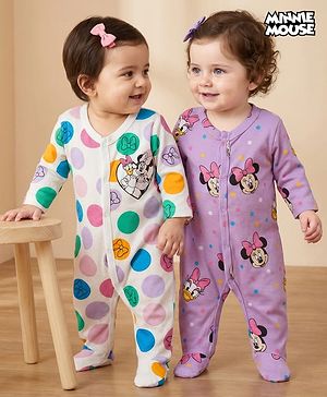 Babyhug Disney Full Sleeves Footed Sleep Suit With Minnie & Friends Graphics Pack Of 2 - Purple & White