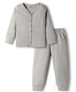 Babyhug Knit Full Sleeves Solid Front Open Thermal Set - Light Grey