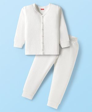 Babyhug Knit Full Sleeves Solid Color Thermal Vest & Pant Set - Off White