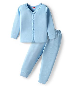 Babyhug Knit Full Sleeves Solid Color Thermal Vest & Pant Set - Light Blue