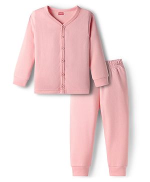 Babyhug Cotton Knit Full Sleeves Front Open Solid Coloured Thermal Wear Jhabla & Pant Set - Pink