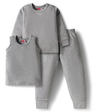 Babyhug Knit Full Sleeves Solid Thermal Set with Vest - Light Grey