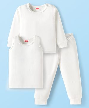 Babyhug Cotton Knit Full Sleeves Solid Thermal Vest & Pant Set - Offwhite