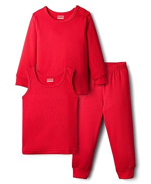 Babyhug Knit Full Sleeves Solid Thermal Vest & Pant Set - Red