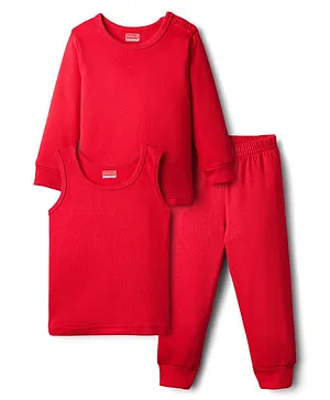 Babyhug Knit Full Sleeves Solid Thermal Vest
                      & Pant Set - Red