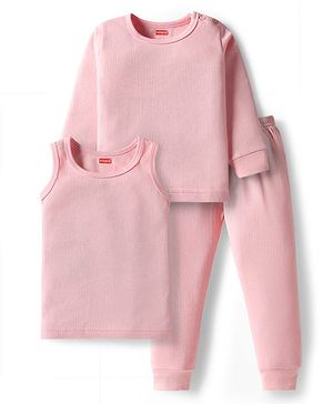 Babyhug Knit Full Sleeves Solid Pullover Thermal Set with Vest - Pink