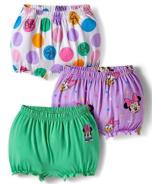 Babyhug Disney Single Jersey Knit Bloomers with Minnie & Friends Graphic Pack of 3 - Green Purple & White