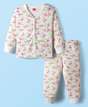 Babyhug Knit Full Sleeves Front Open Thermal Co-Ord Set With Floral Print - Off White