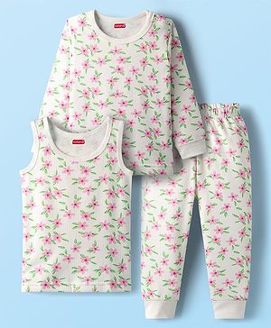 Babyhug Cotton Knit Full Sleeves Floral Printed Thermal Wear Set With Vest - Off White
