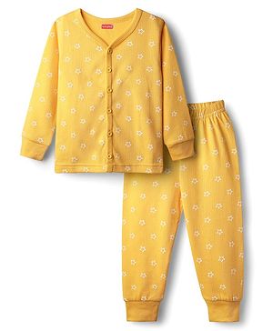 Babyhug Knit Full Sleeves Front Open Thermal Set With Star Print - Yellow