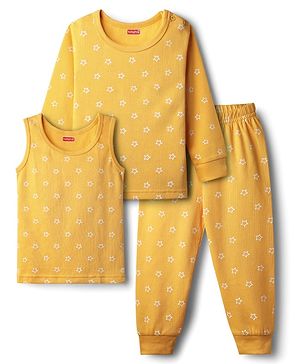 Babyhug Knit Full Sleeves Pullover Thermal Set With Star Print - Yellow
