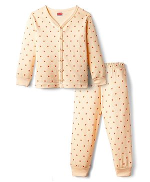 Babyhug Knit Full Sleeves Front Open Thermal Vest & Pant Set with Star Print - Peach