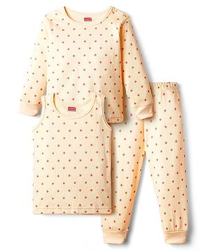 Babyhug Knit Full Sleeves Pullover & Sleeveless Thermal Vest & Pant Set with Star Print - Peach