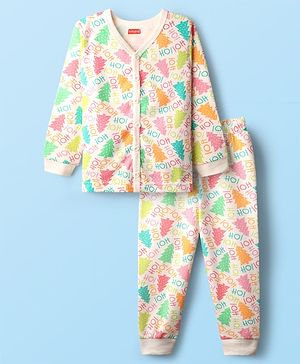 Babyhug Knit  Full Sleeves Front Open Thermal Vest And Pant Set With Text  Print - Off-White