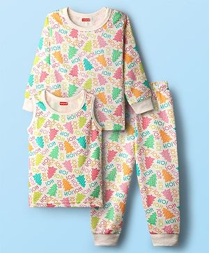 Babyhug  Knit Full Sleeves Thermal Vests & Pant Set with Text  Print - Off-White