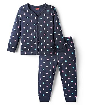Babyhug Knit Full Sleeves Thermal Inner Wear Set with Polka Dots Print - Blue