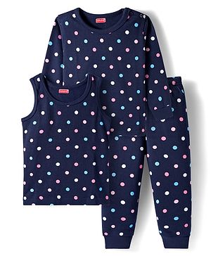 Babyhug Knit Full Sleeves Thermal Inner Wear Vests & Pant Set with Polka Dots Print - Navy Blue