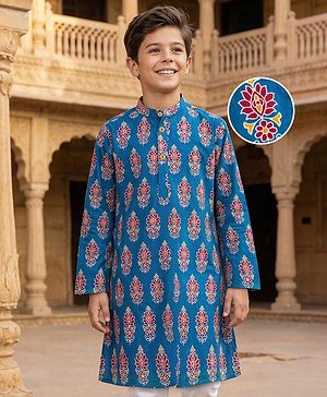 Pine Kids Cotton Woven Full Sleeves Kurta With Floral Print - Blue