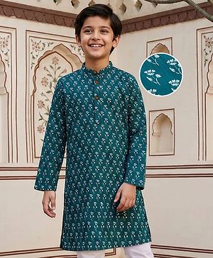 Pine Kids Cotton Woven Full Sleeves Kurta With Floral Print - Navy Blue