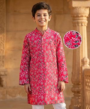 Pine Kids Cotton Woven Full Sleeves Kurta With Floral Print - Red