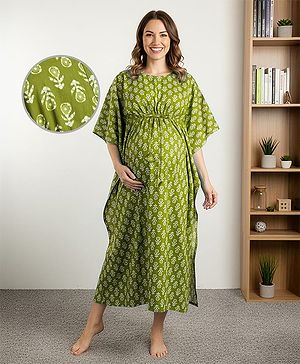 Bella Mama 100% Cotton Woven Maternity Kaftan Nursing Nighty with Floral Print - Green