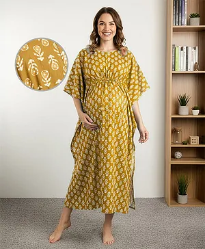 Bella Mama Cotton Woven Half Sleeves
                              Maternity Nursing Kaftan With Floral Print
                              - Yellow
