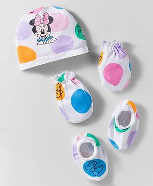 Babyhug Disney Interlock Knit Cap Mittens & Booties With Minnie Mouse Graphics White - Diameter 10 cm