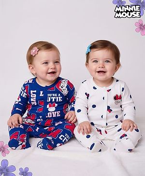 Babyhug Disney Interlock Knit Full Sleeves Sleepsuit With Minnie Mouse Graphics Pack Of 2 - Navy Blue & White