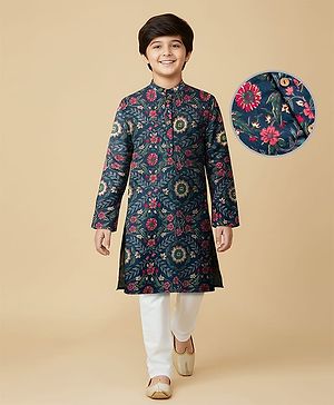 Pine Kids Cotton Woven Full Sleeves Kurta Pajama Set with Floral Print - Navy Blue