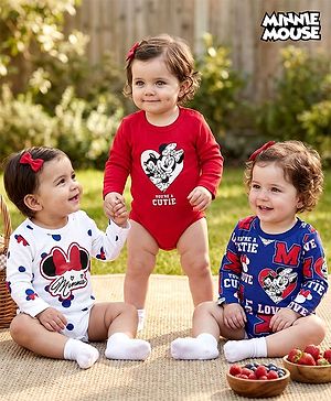 Babyhug Disney Interlock Knit Full Sleeve Onesies with Minnie Mouse Graphics Pack of 3 - Red Blue & White