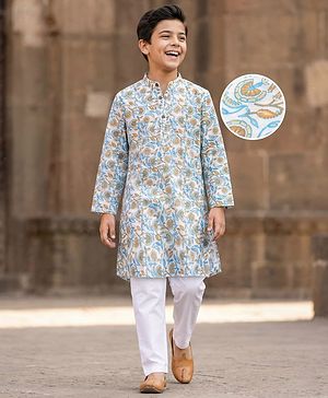 Pine Kids Cotton Woven Full Sleeves Kurta Pajama Set With Floral Print - White