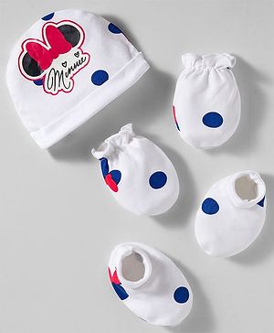 Babyhug Disney Interlock Knit Cap Mittens & Booties With Minnie Mouse Print White - Diameter 10 cm