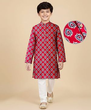 Pine Kids Cotton Woven Full Sleeves Kurta Pajama Set With Floral Print - Maroon