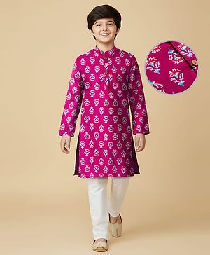 Pine Kids Cotton Woven Full Sleeves Kurta Pajama Set With Floral Print - Dark Red