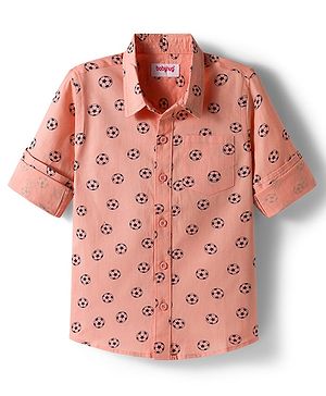 Babyhug Cotton Woven Full Sleeves Football Printed Shirt - Peach