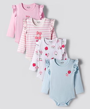 Bonfino 100% Cotton Knit Full Sleeves Onesies With Stripes & Tropical Theme Print Pack Of 4 - Multicolour