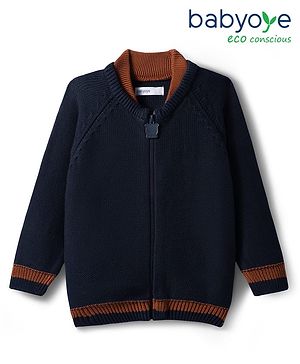 Babyoye 100% Cotton Knitted Full Raglan Sleeves Solid Front Open Sweater - Navy Blue