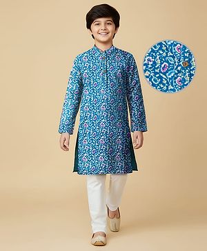 Pine Kids Cotton Woven Full Sleeves Kurta Pajama Set With Floral Print - Blue