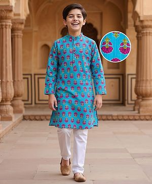 Pine Kids Cotton Woven Full Sleeves Kurta Pyjama Set with Floral Print - Blue