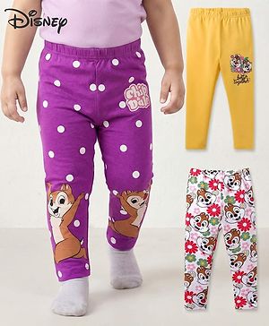 Babyhug Disney Cotton Lycra Knit Full Length Leggings with Chip'N Dale Graphics Pack of 3 - White Yellow & Purple