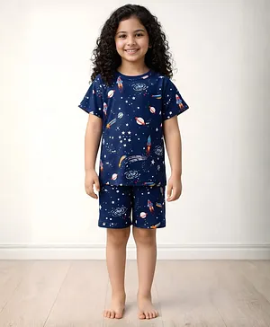 Anthrilo 100% Organic Cotton Knit
                              Half Sleeves Space Theme Printed
                              Coordinating Night Suit Set - Blue
