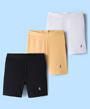 Pine Kids Cotton Lycra Knit Above Knee Length Solid Cycling Shorts Pack of 3 - Tan White & Black